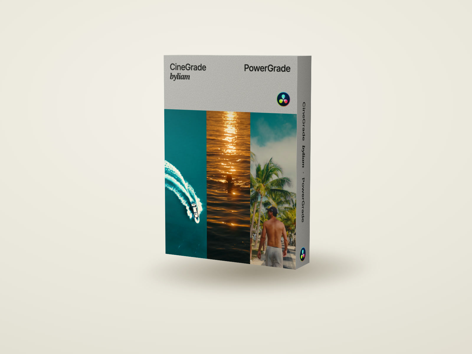 CineGrade byliam product box: PowerGrade for DaVinci Resolve, with three vertical graded frames on the front: a boat wake on teal water, a swimmer in a golden sunset sea and a man walking under palm trees.