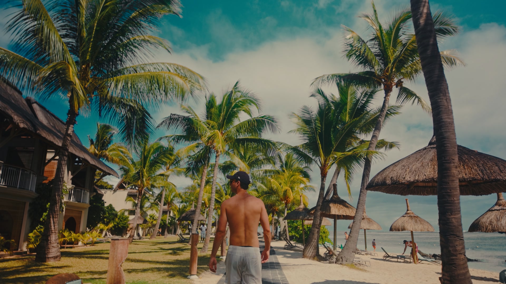 Graded frame: a man walking under palm trees on a beach